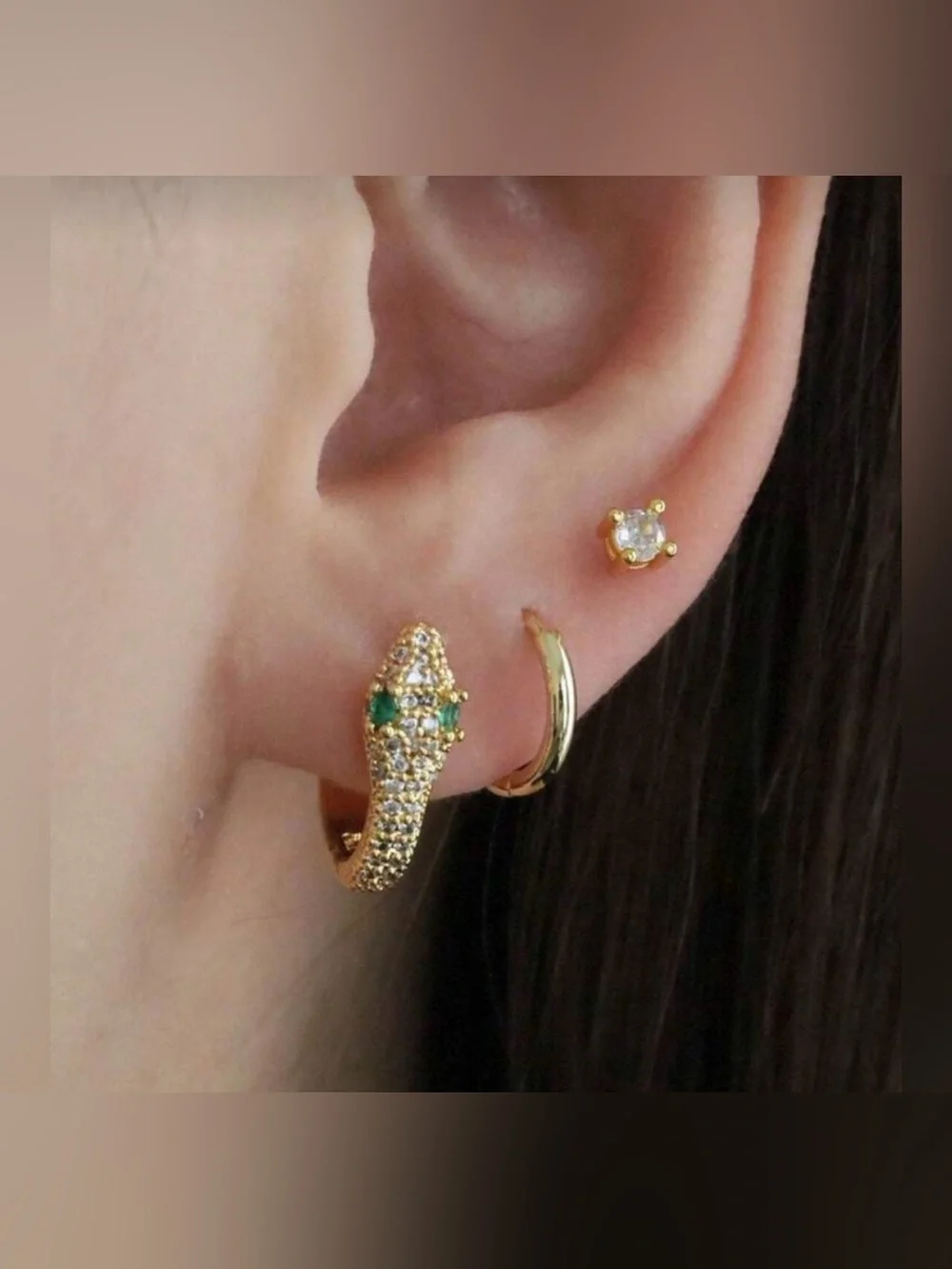 Gold Plated Stainless Steel 3pc Earring Set Cubic Zirconia Stud & Hoop Earrings